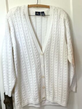 Vintage Lizsport Women's White Open-Knit Cotton Button Cardigan 90s USA